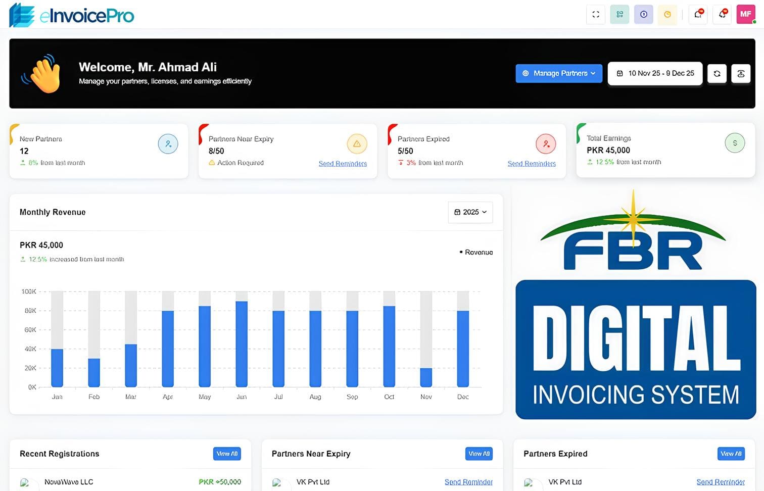 eInvoicePro FBR digital invoicing dashboard with NTN verification